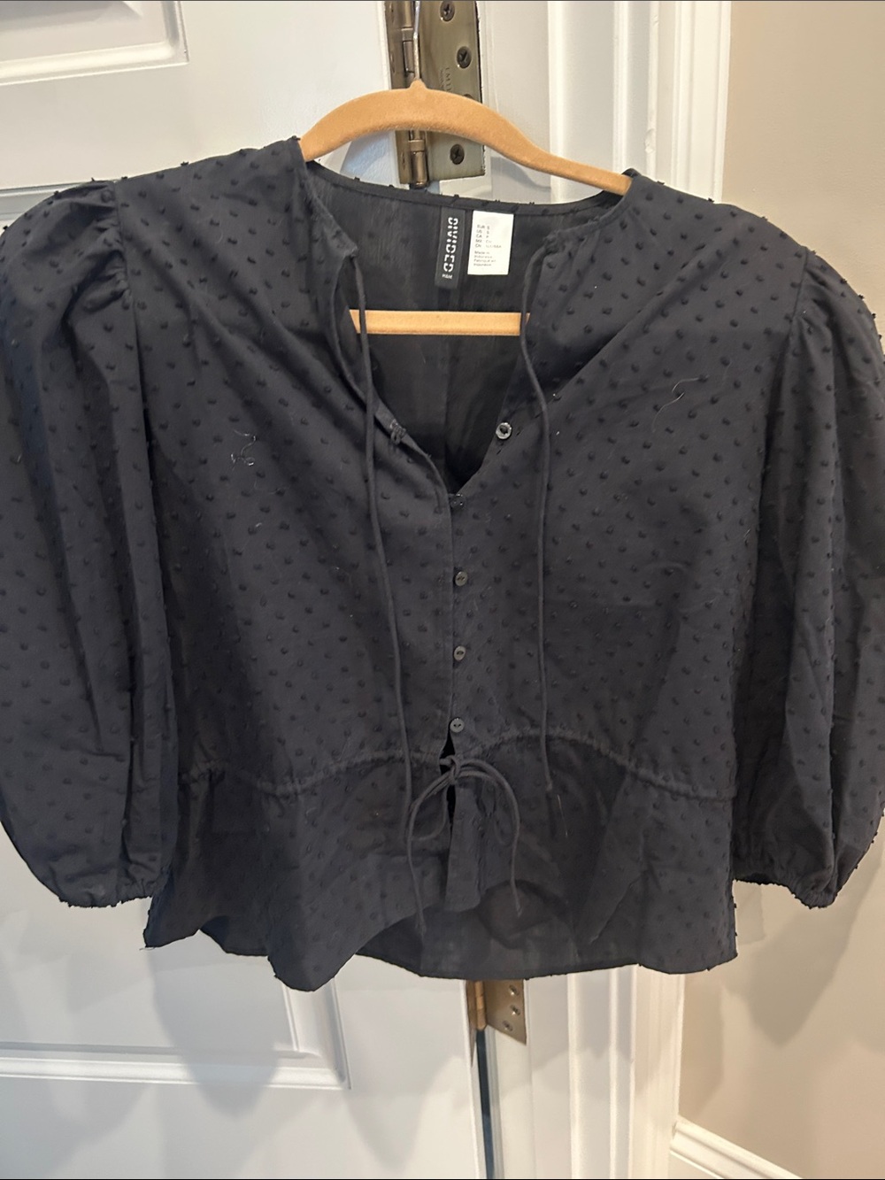 Divided Lightweight Black Swiss Dot Peasant Top